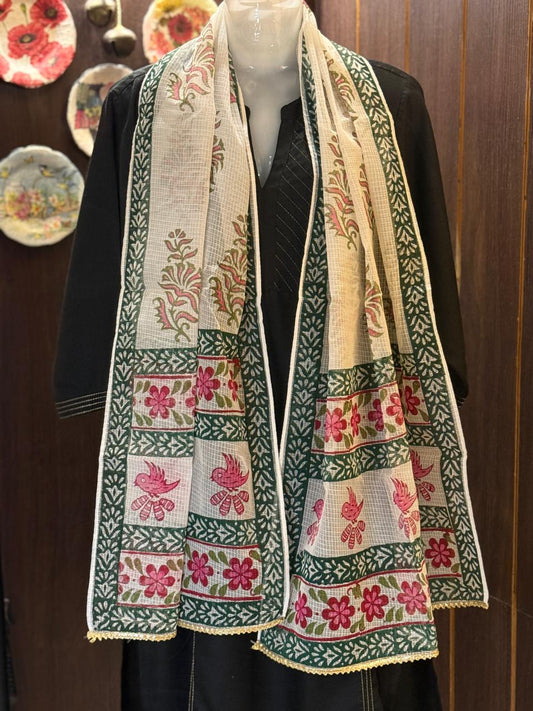 Pink and Green Hand Block Printed White Kota Doria Stole