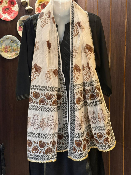 Maroon and Brown Hand Block Printed White Kota Doria Stole