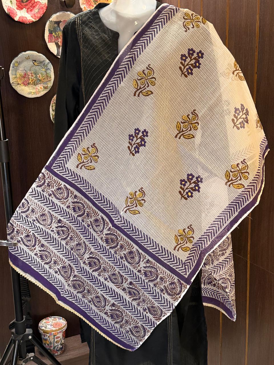 Purple and Gold Hand Block Printed White Kota Doria Stole