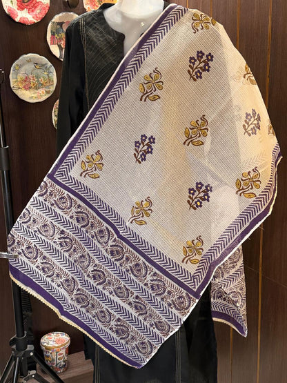 Purple and Gold Hand Block Printed White Kota Doria Stole