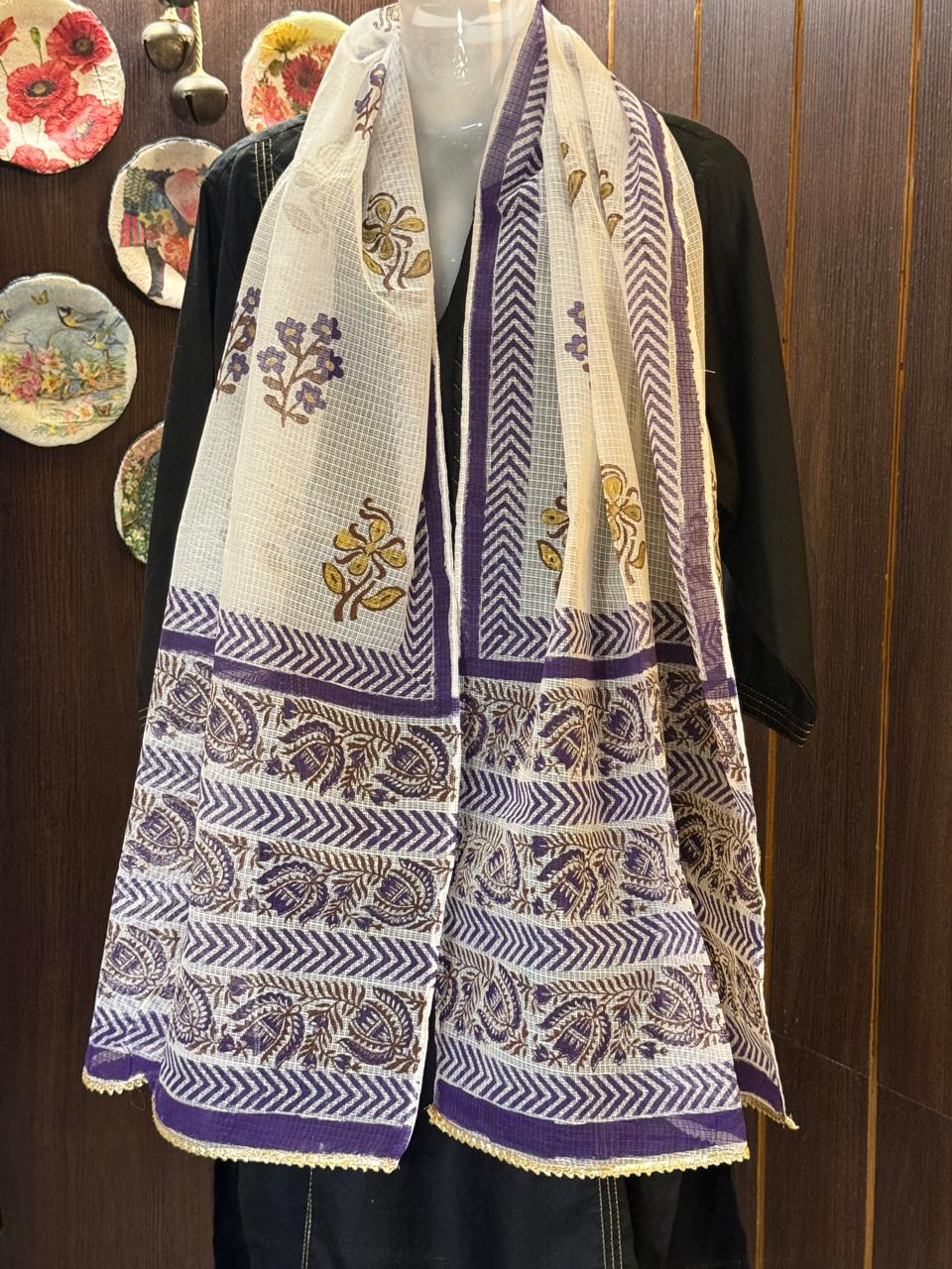 Purple and Gold Hand Block Printed White Kota Doria Stole