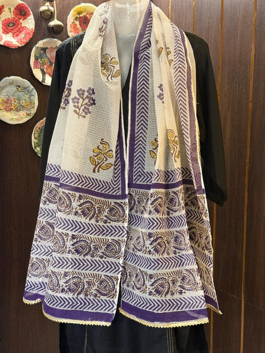 Purple and Gold Hand Block Printed White Kota Doria Stole