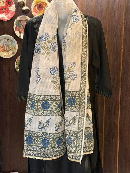 Blue and Green Hand Block Printed White Kota Doria Stole