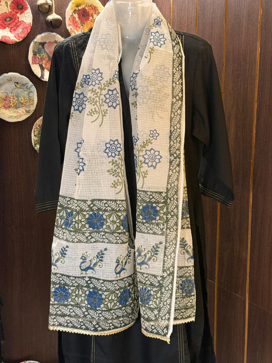 Blue and Green Hand Block Printed White Kota Doria Stole