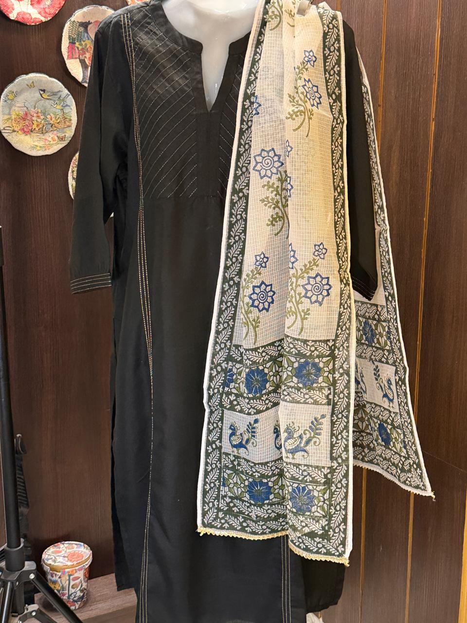 Blue and Green Hand Block Printed White Kota Doria Stole