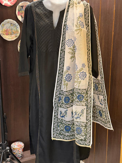 Blue and Green Hand Block Printed White Kota Doria Stole