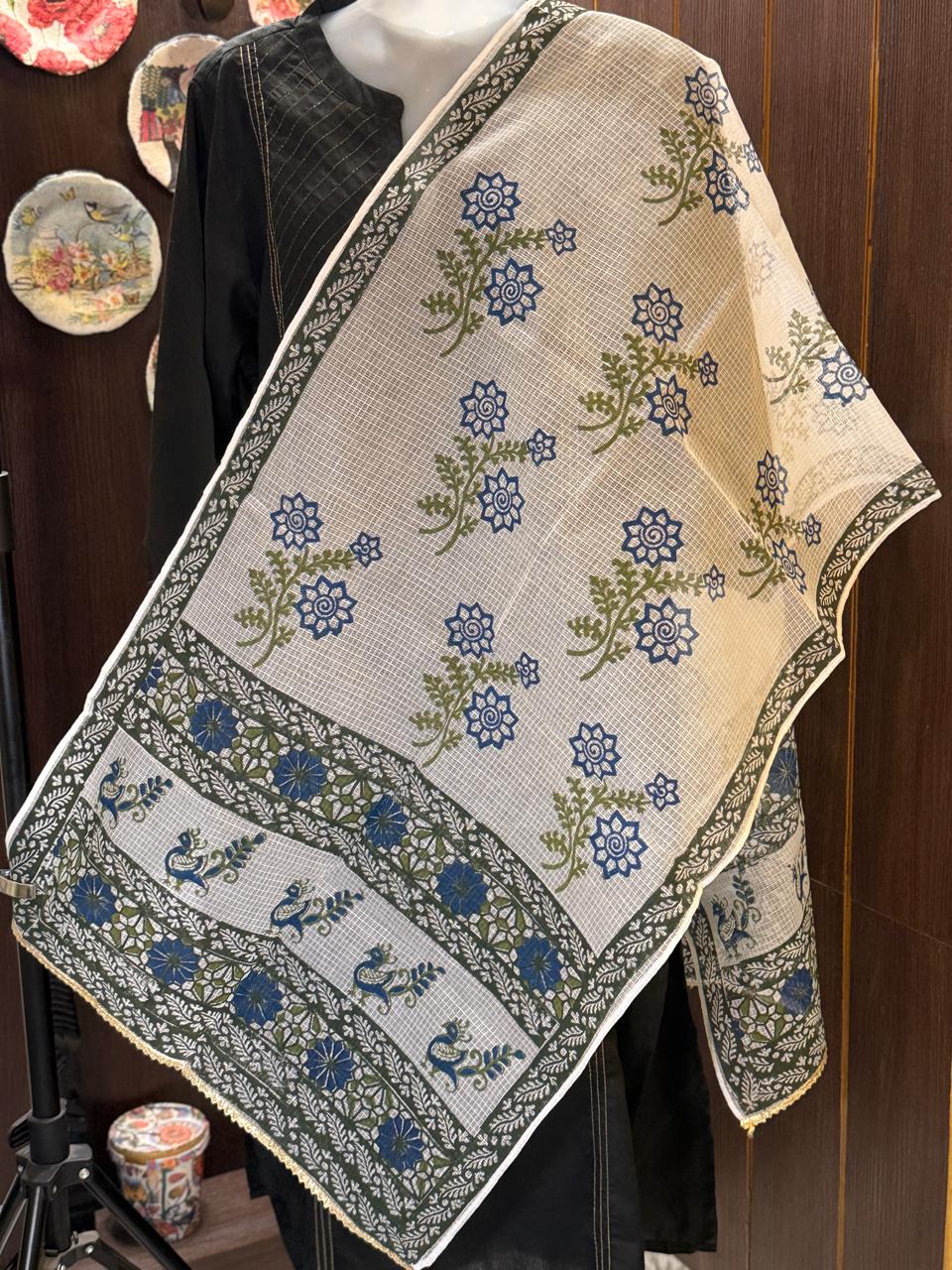 Blue and Green Hand Block Printed White Kota Doria Stole