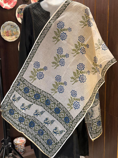 Blue and Green Hand Block Printed White Kota Doria Stole