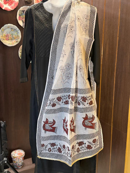 Red and Black Hand Block Printed White Kota Doria Stole