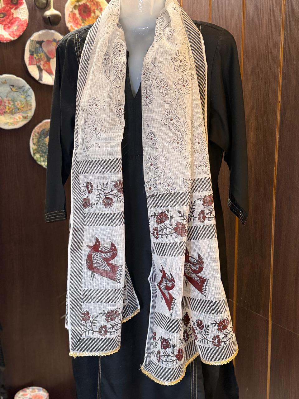 Red and Black Hand Block Printed White Kota Doria Stole