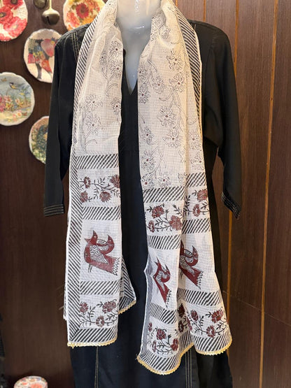 Red and Black Hand Block Printed White Kota Doria Stole