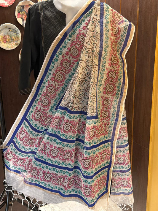 Abeer - Hand Block Printed White Kota Doria Dupatta