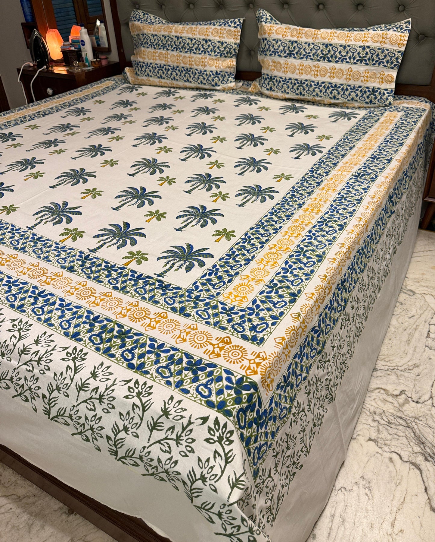 Coastal Calm – Hand Block Printed Double Bedsheet Set