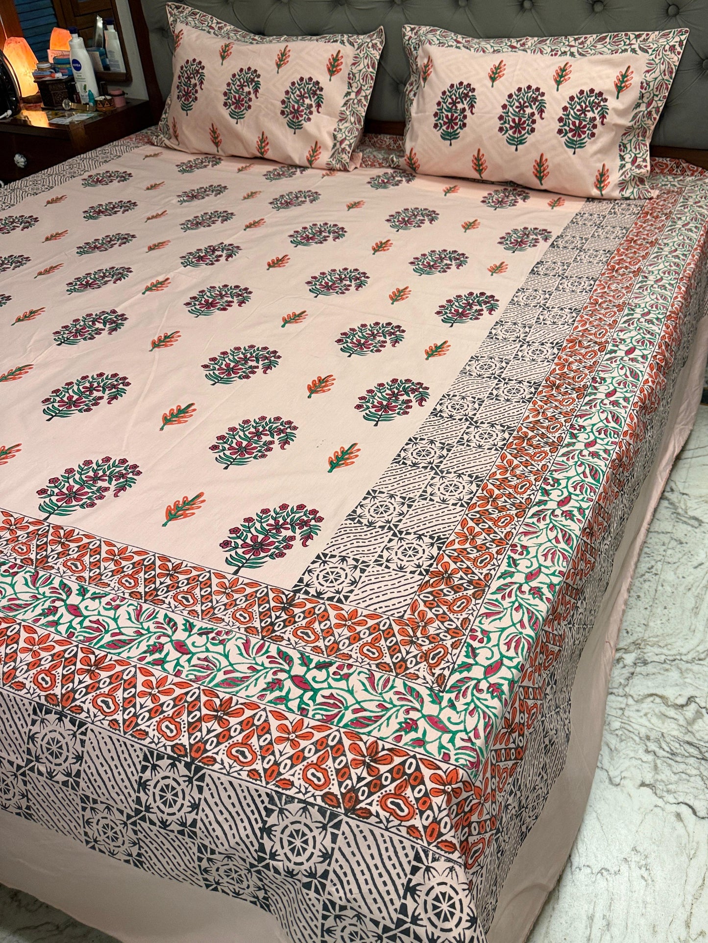 Gulaabi Saaz 🌸 – Hand Block Printed Double Bedsheet Set