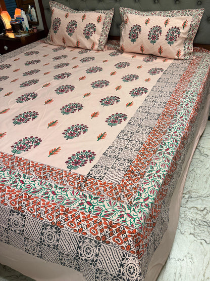Gulaabi Saaz 🌸 – Hand Block Printed Double Bedsheet Set