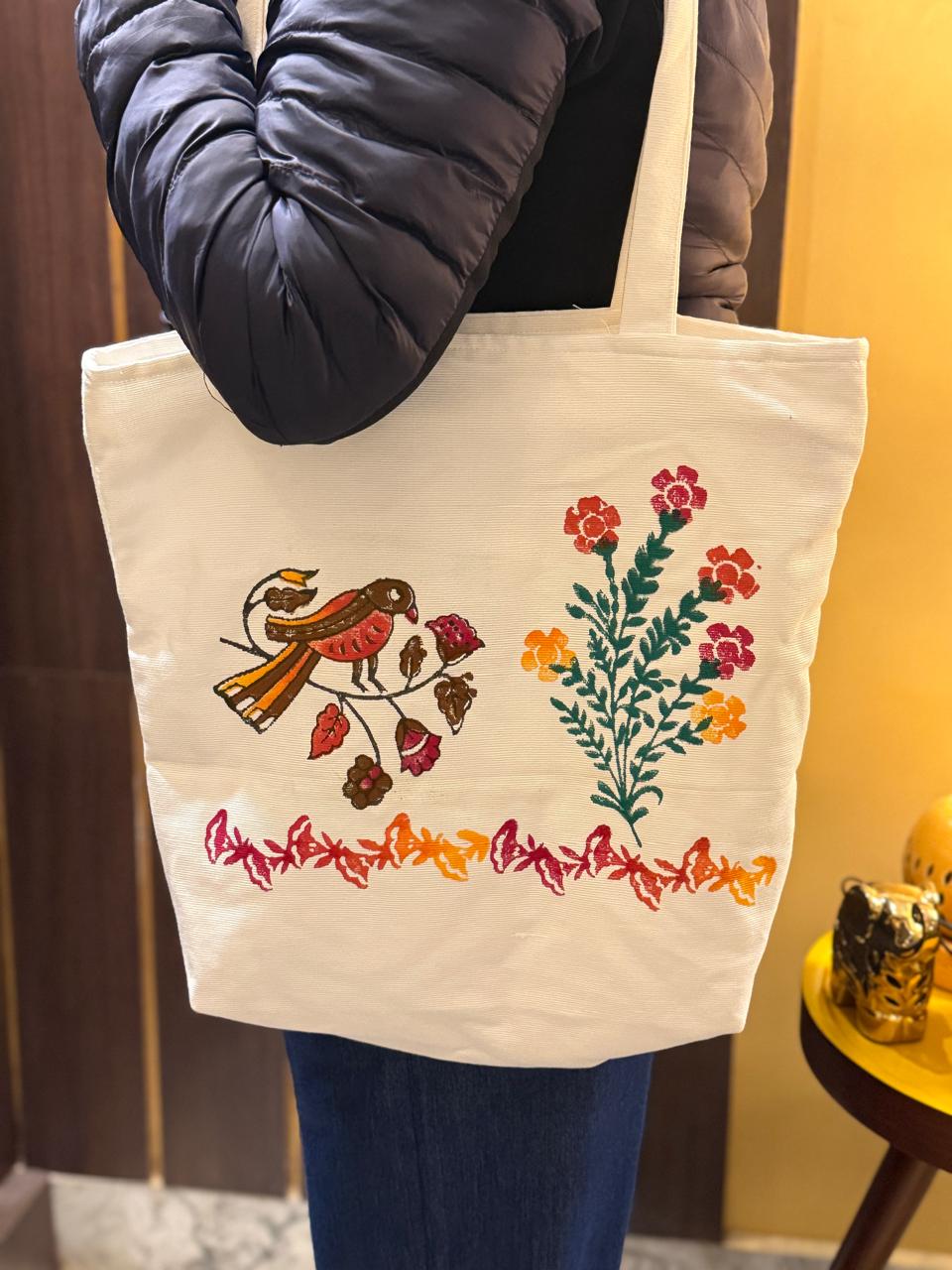 Feathered Hues – Hand Block Printed Tote Bag