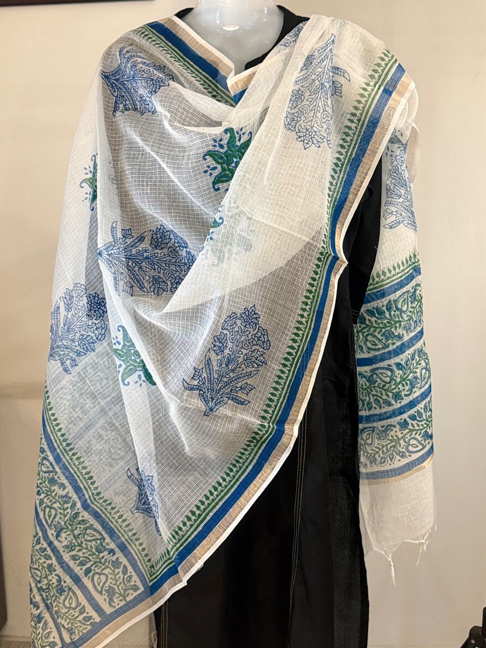 Firoza - White Kota Doria with Blue and Green motifs