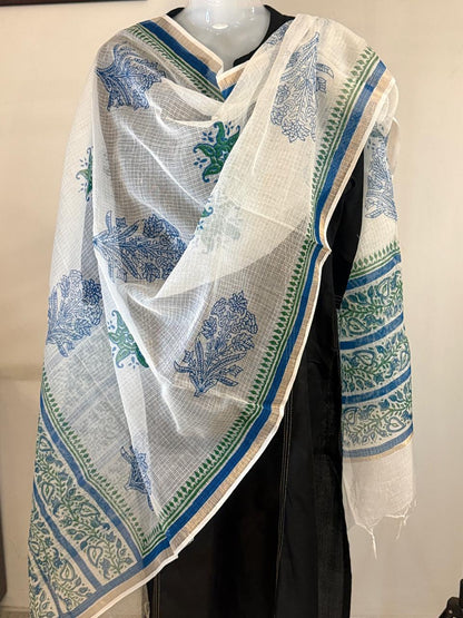 Firoza - White Kota Doria with Blue and Green motifs