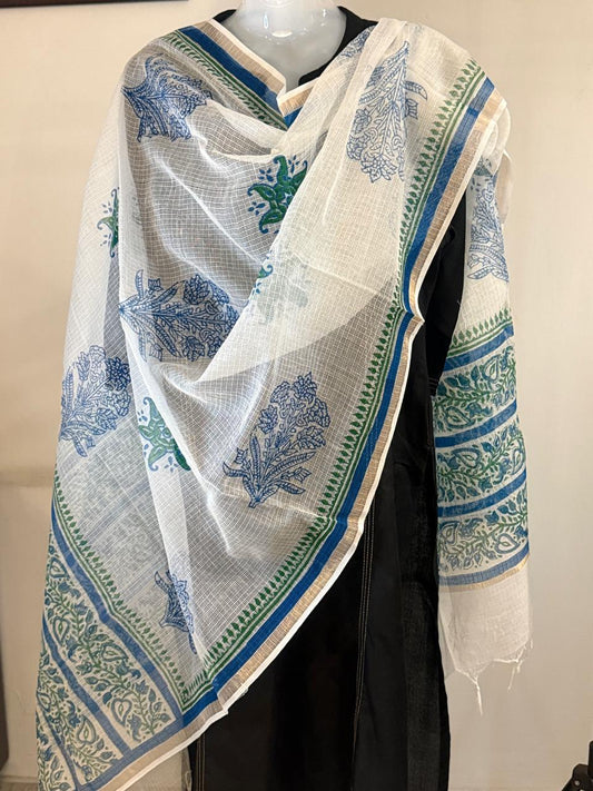 Firoza - White Kota Doria with Blue and Green motifs