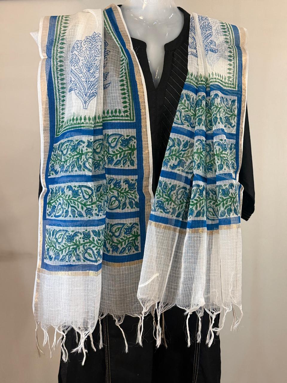 Firoza - White Kota Doria with Blue and Green motifs