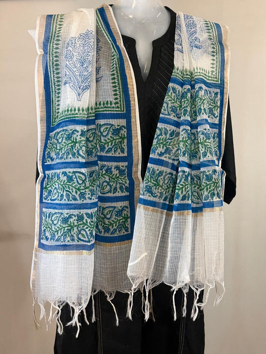 Firoza - White Kota Doria with Blue and Green motifs