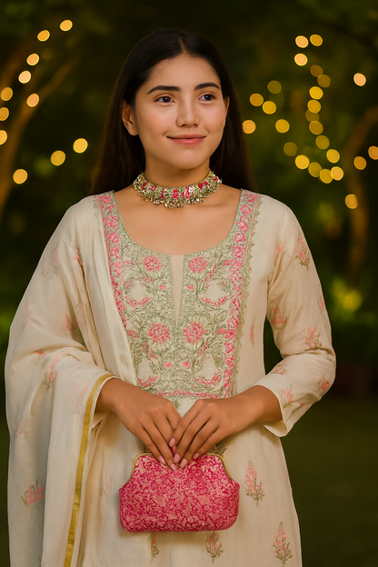 Gulabi - Kurta Material with Dupatta in White Mul Chanderi