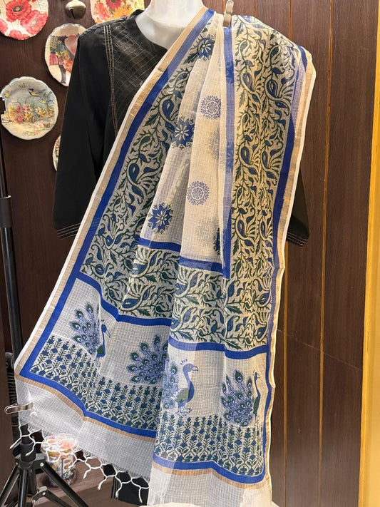 Divya - Hand Block Printed White Kota Doria Dupatta