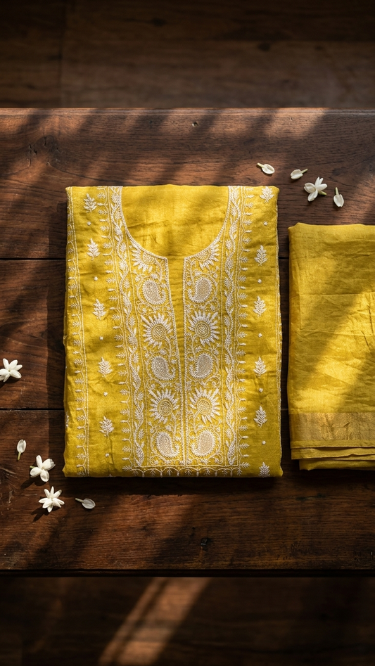 Suvarna - Sunshine Yellow Tissue Unstitched Kurta Cloth and Dupatta with Pearl Work
