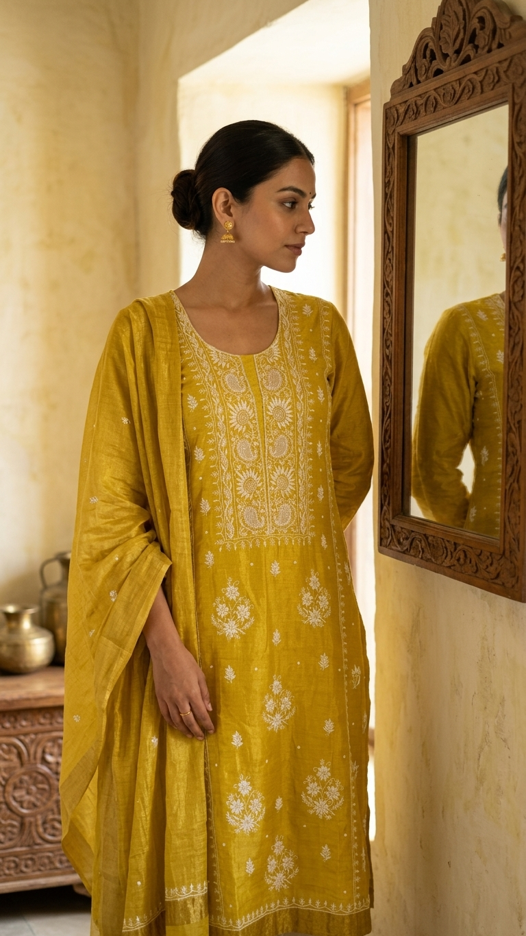 Suvarna - Sunshine Yellow Tissue Unstitched Kurta Cloth and Dupatta with Pearl Work