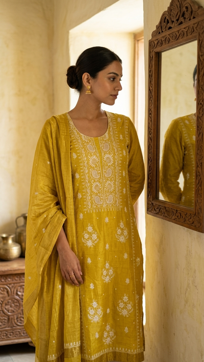 Suvarna - Sunshine Yellow Tissue Unstitched Kurta Cloth and Dupatta with Pearl Work