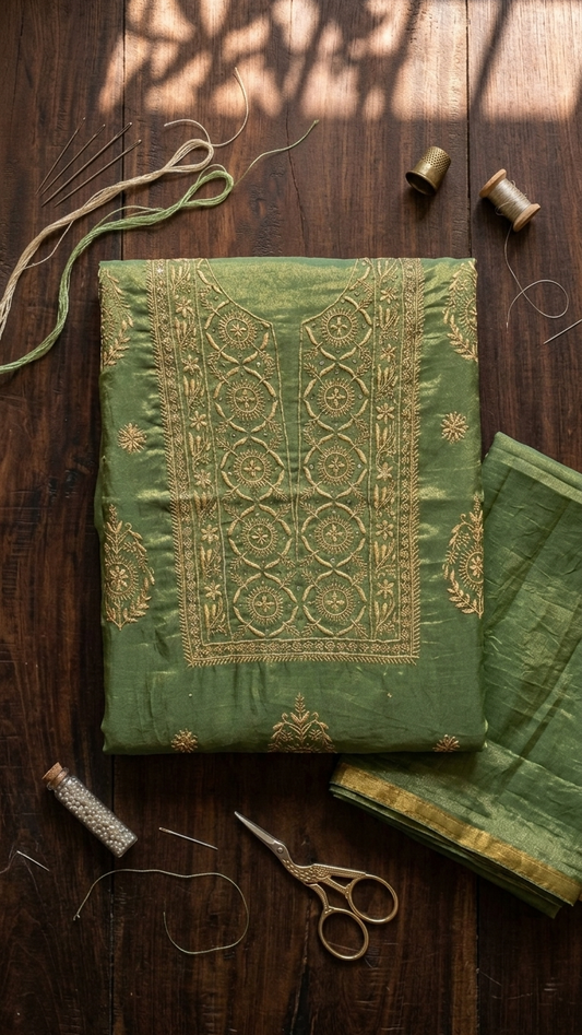 Aranya - Mehndi Green Tissue Unstitched Kurta Cloth and Dupatta with Work
