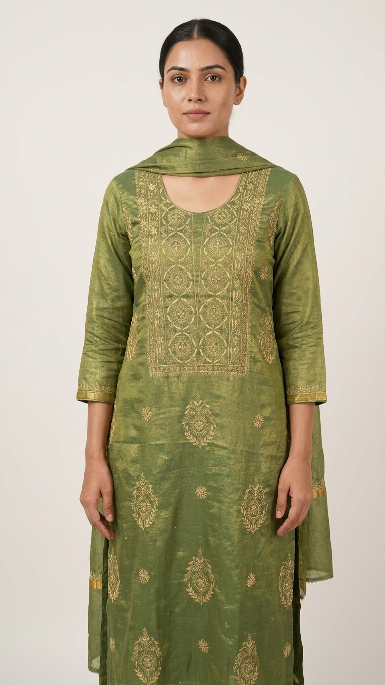 Aranya - Mehndi Green Tissue Unstitched Kurta Cloth and Dupatta with Work
