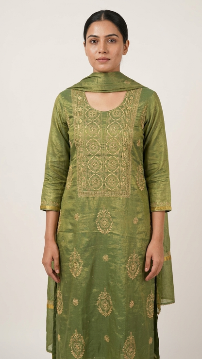 Aranya - Mehndi Green Tissue Unstitched Kurta Cloth and Dupatta with Work