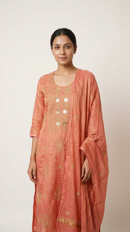 Kumuda - Coral Red Tissue Unstitched Kurta Cloth and Dupatta with Work
