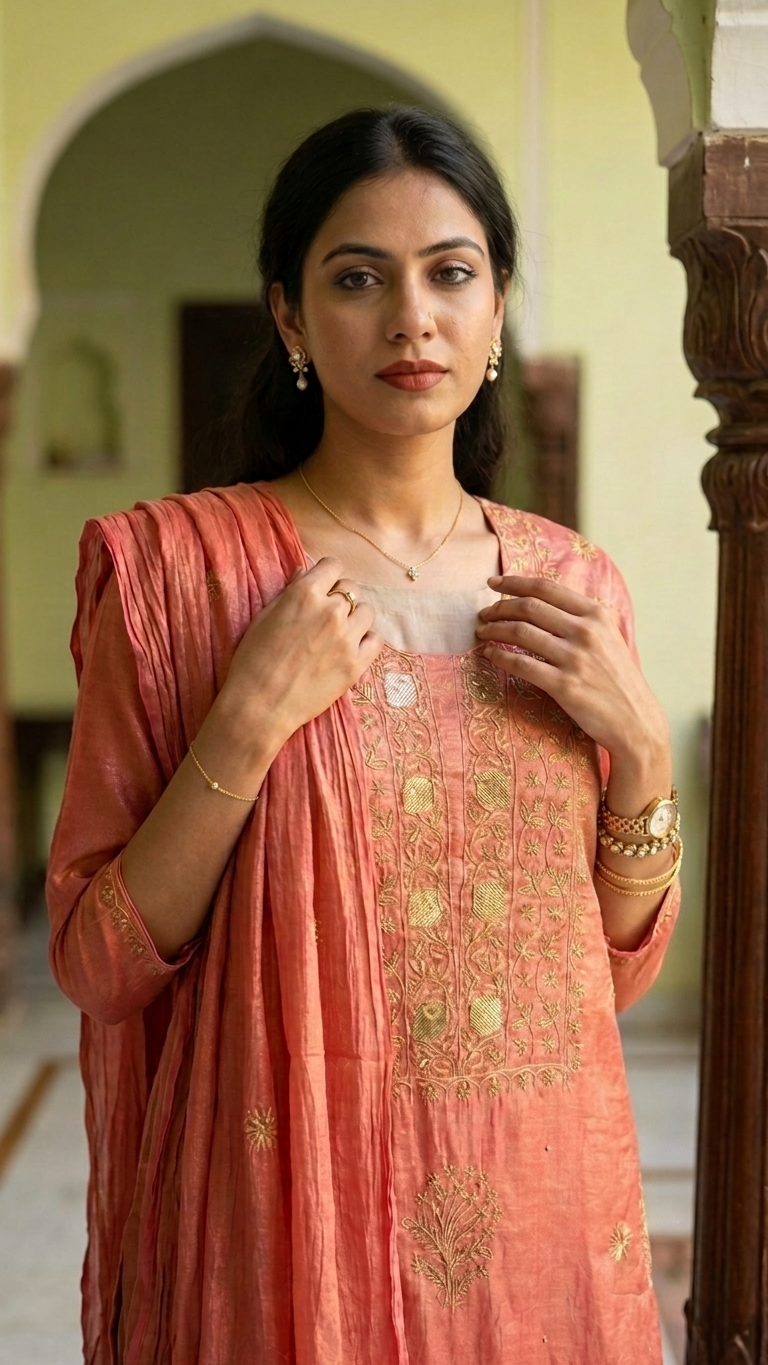 Kumuda - Coral Red Tissue Unstitched Kurta Cloth and Dupatta with Work