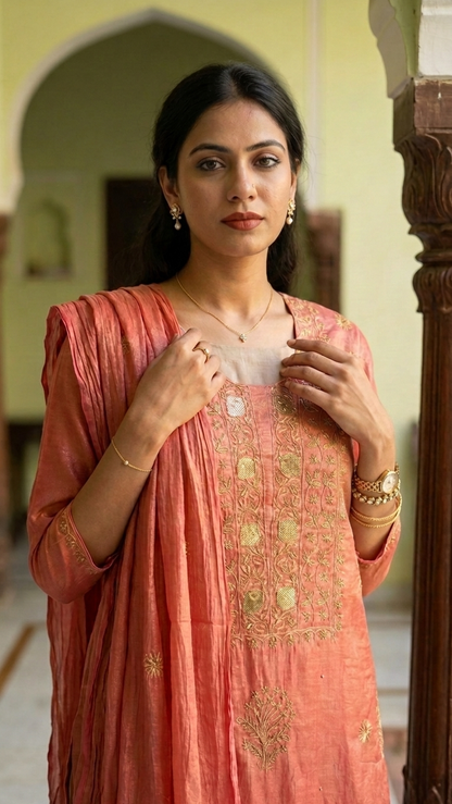 Kumuda - Coral Red Tissue Unstitched Kurta Cloth and Dupatta with Work