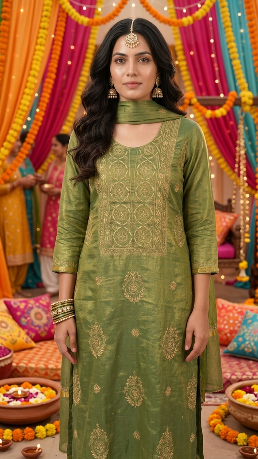 Aranya - Mehndi Green Tissue Unstitched Kurta Cloth and Dupatta with Work