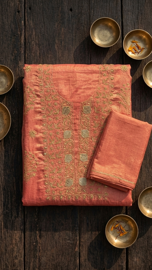Kumuda - Coral Red Tissue Unstitched Kurta Cloth and Dupatta with Work
