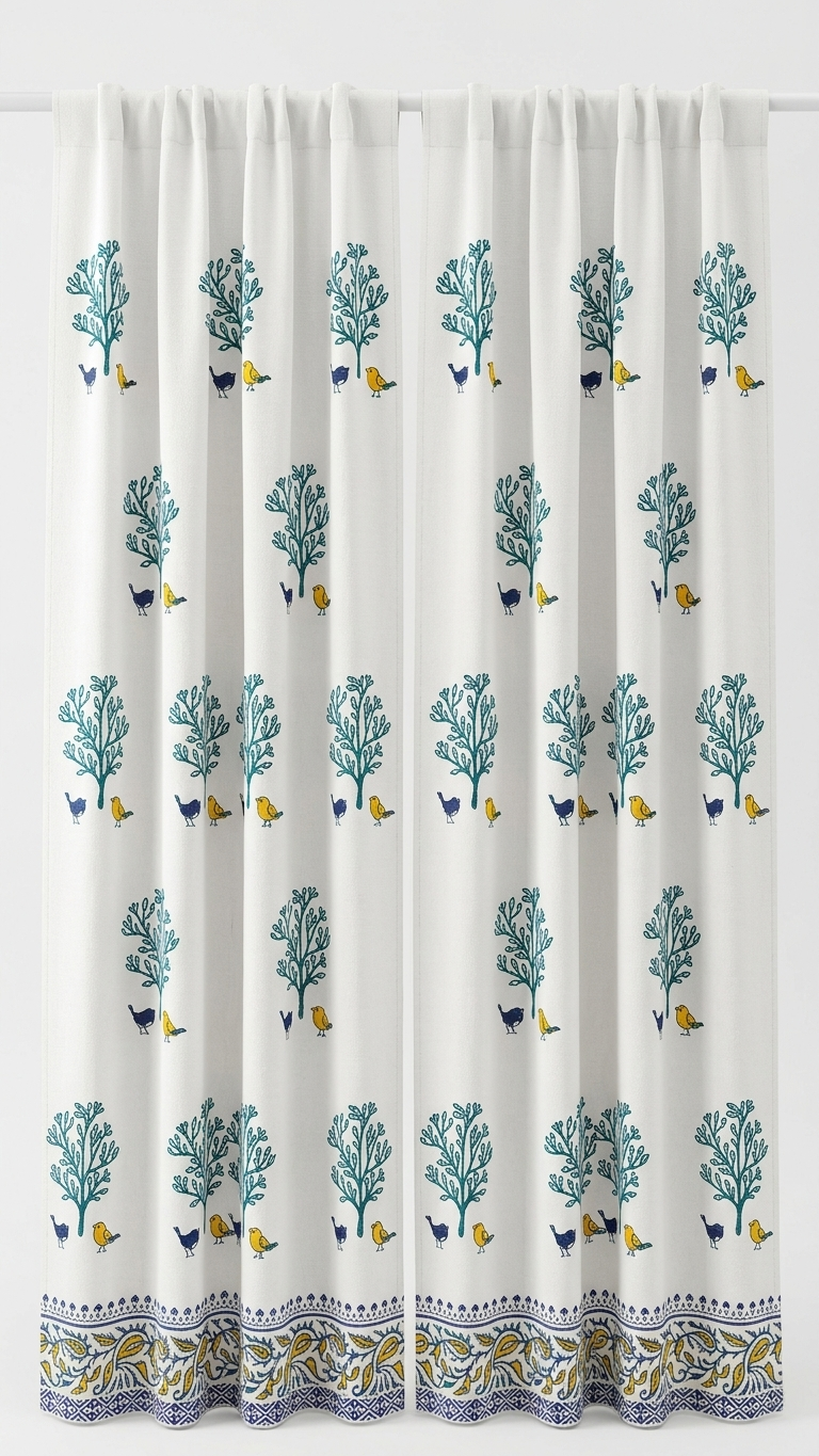 Chidiya – Set of 2 Hand Block Printed Cotton Window Curtains