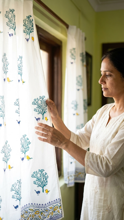 Chidiya – Set of 2 Hand Block Printed Cotton Window Curtains