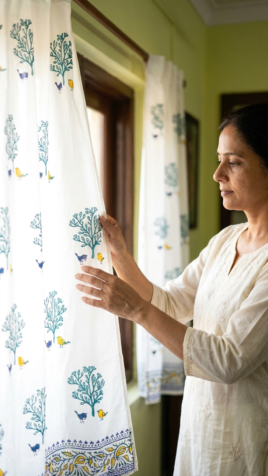 Chidiya – Set of 2 Hand Block Printed Cotton Window Curtains