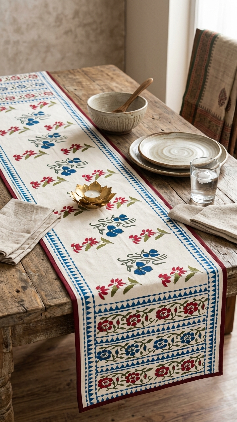 Aangan - Hand Block Printed Table Runner with border piping