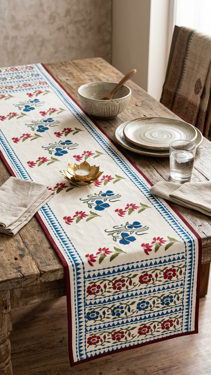 Aangan - Hand Block Printed Table Runner with border piping