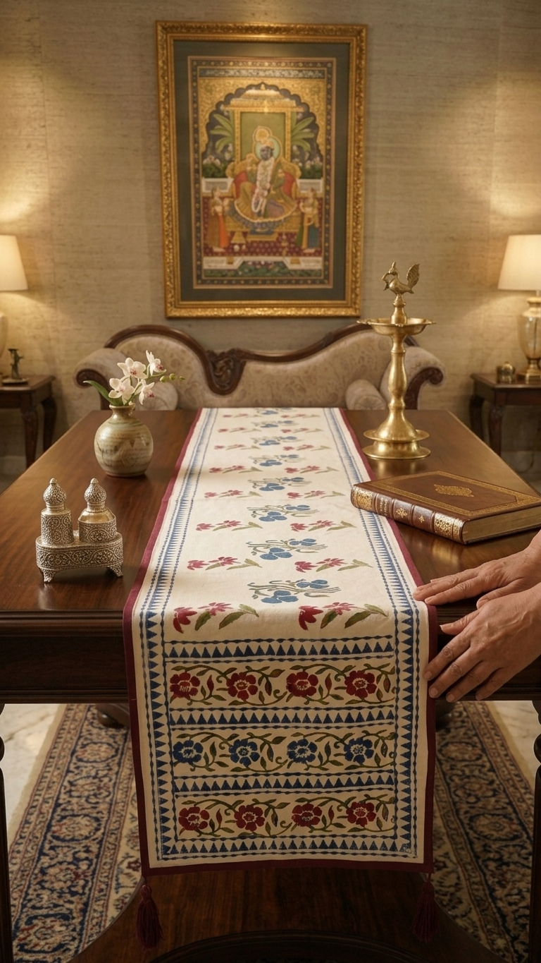 Aangan - Hand Block Printed Table Runner with border piping