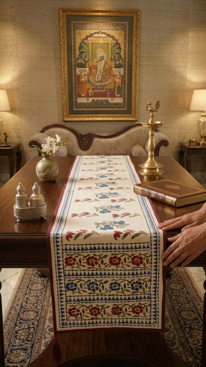 Aangan - Hand Block Printed Table Runner with border piping