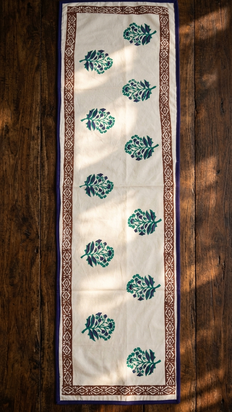 Madhavi - Hand Block Print Coffee Table Runner with border piping (12"x44")