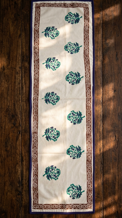 Madhavi - Hand Block Print Coffee Table Runner with border piping (12"x44")