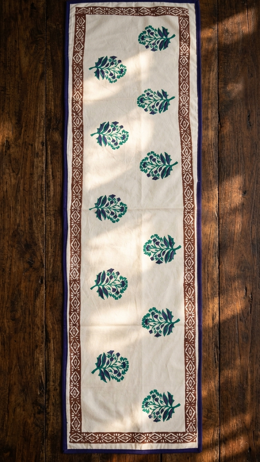 Madhavi - Hand Block Print Coffee Table Runner with border piping (12"x44")