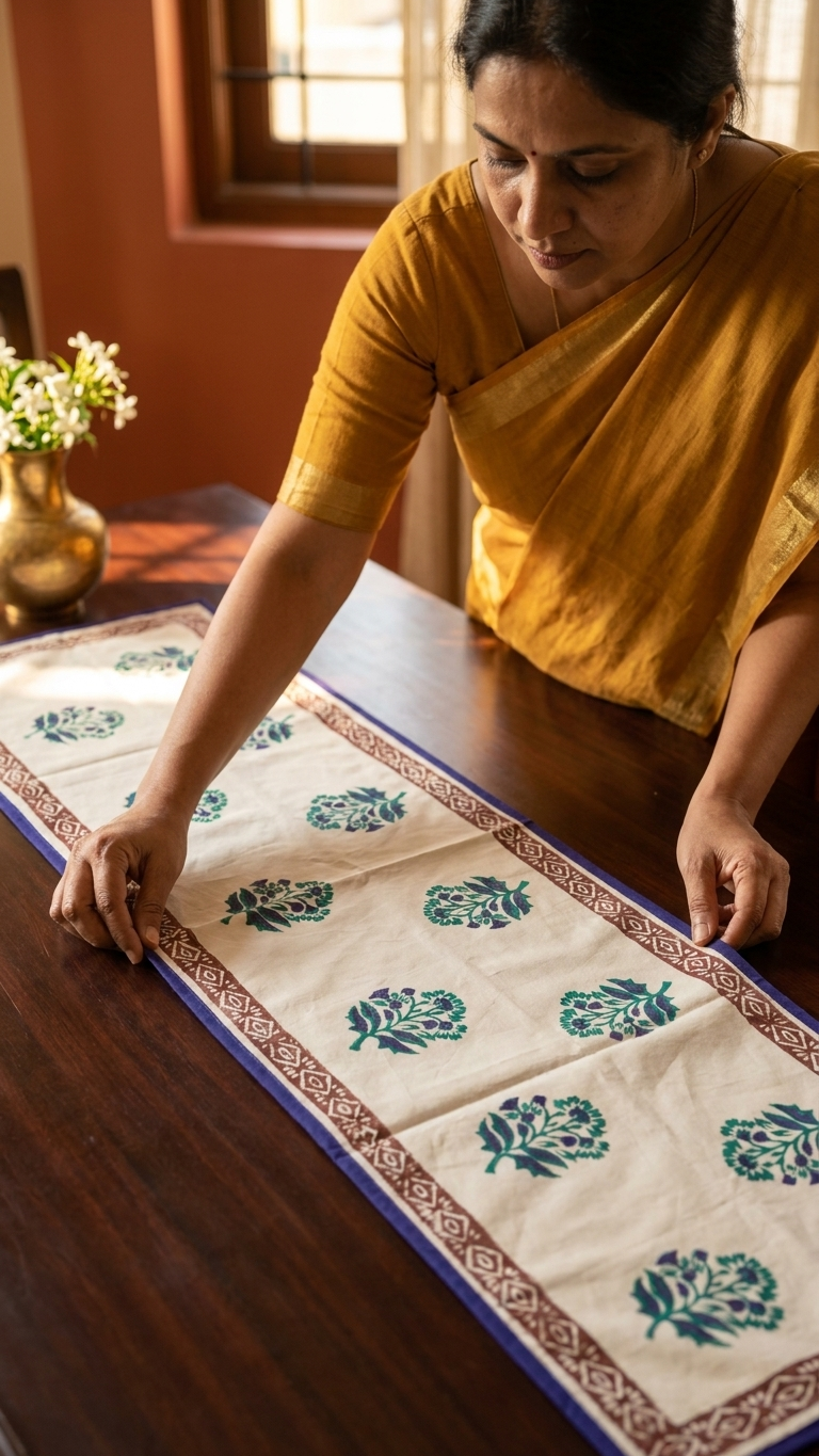 Madhavi - Hand Block Print Coffee Table Runner with border piping (12"x44")