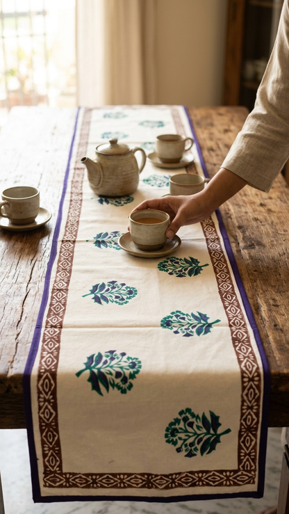 Madhavi - Hand Block Print Coffee Table Runner with border piping (12"x44")